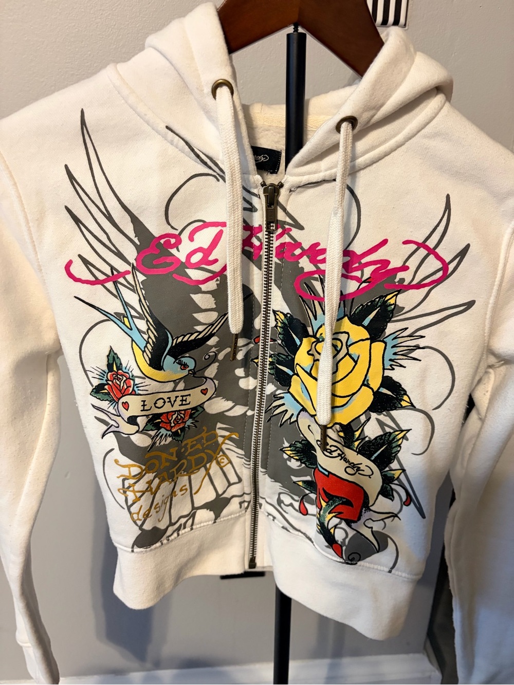 Ed Hardy White Zip Hoodie with Yellow Rose & Pink Script